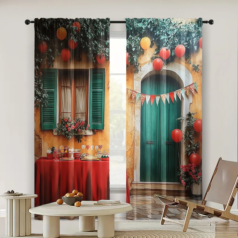 2pc,  Curtains Italy Street Machine Washable Fabric,Without Electricity Versatile Perfect for Holiday Celebrations