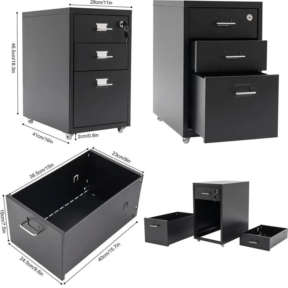 

Мобильный вертикальный шкаф для документов с замком, 3 ящиками, на колесиках для офиса/дома (черный)