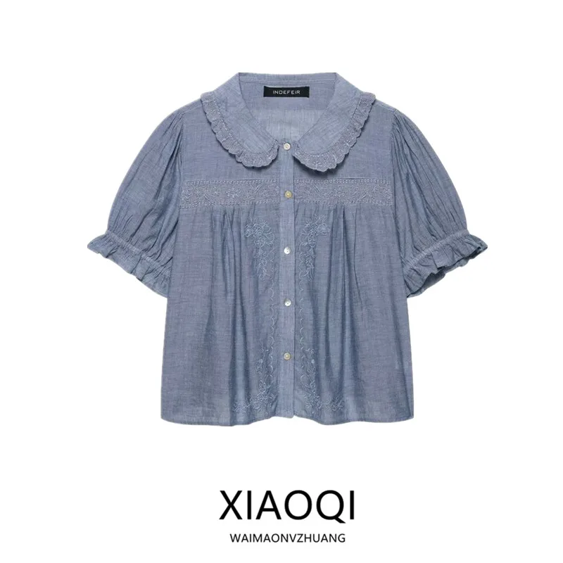 

Spring 2025 Women's Faion ort Sve round Collar Embroidered irt Versatile Floral Print New Arrival Straight Cut Sle