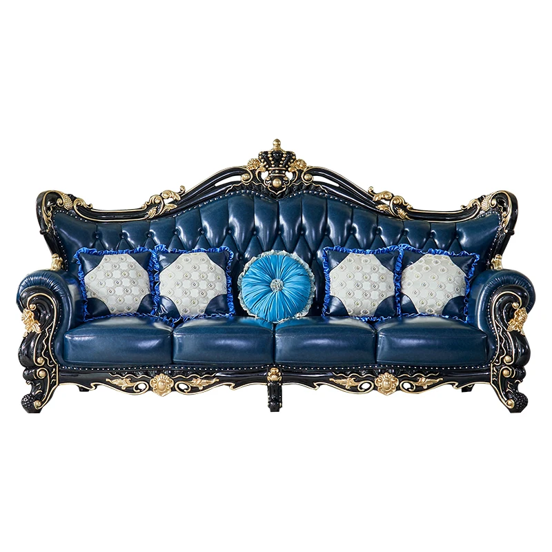 Ebony European sofa villa double-sided carved sofa luxury high-end crown furniture set sapphire blue leather