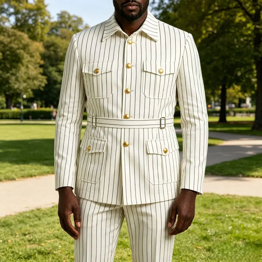 

White Stripe Safari Men Suits with Belt 2 Pieces Formal Wedding Tuxedo Slim Fit Custom Made Jacket Pants For Groom Set