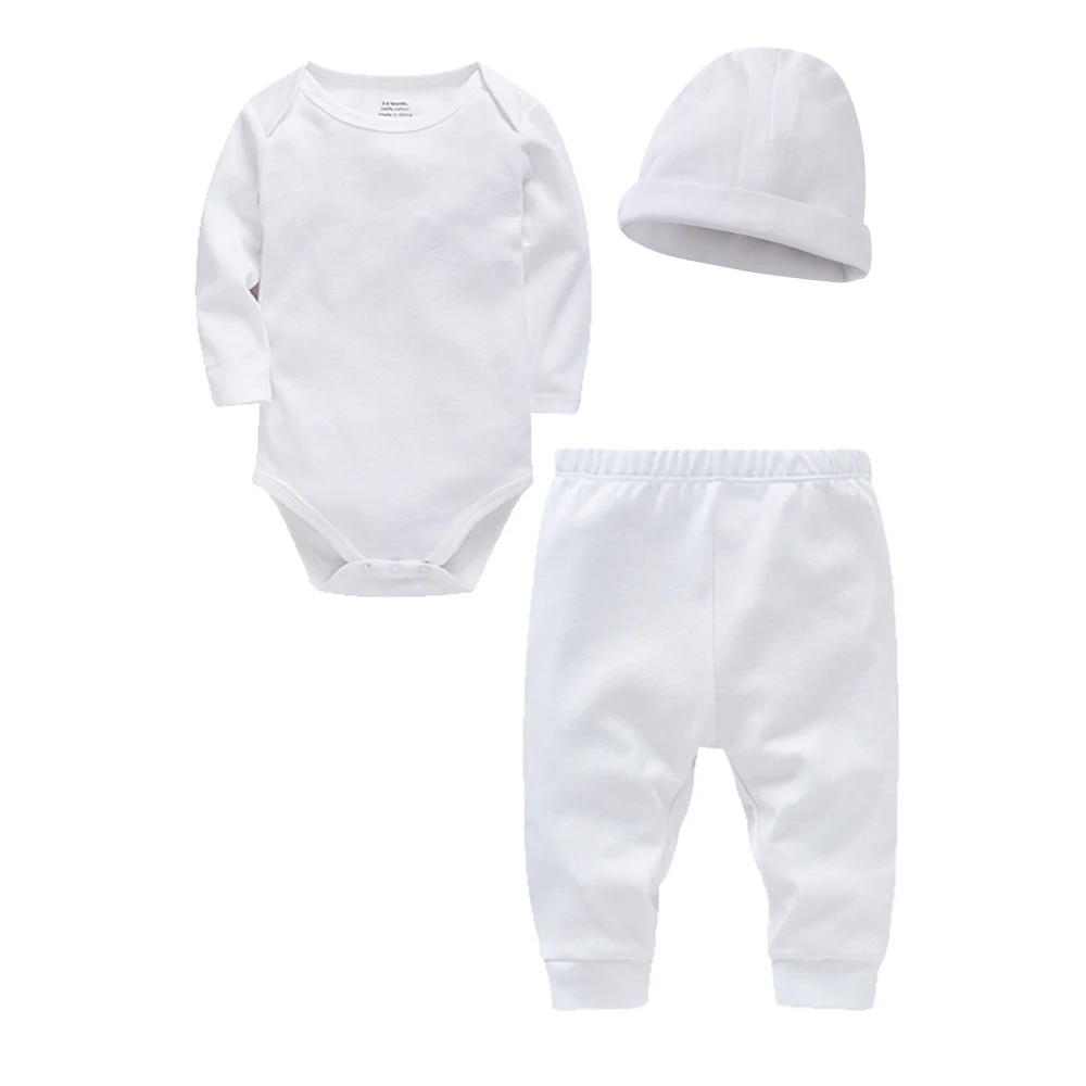 

3-Pack 100% Cotton Baby Rompers Pants Hat Set Blank Colors Kids Trousers Plain Newborn Clothing Muslin Bodysuit Clothes for 0-24