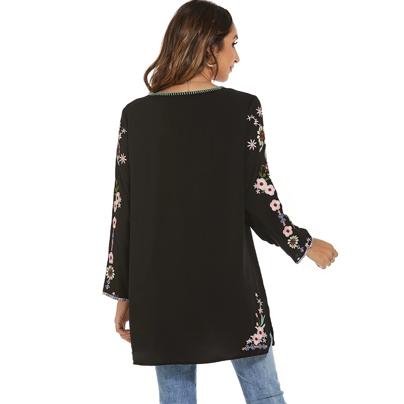 Casual Floral Embroidery Long Tunic Tops for Women Bohemian Blouses Black Vintage Embroidered Mexican Peasant Shirt Ethnic Tops