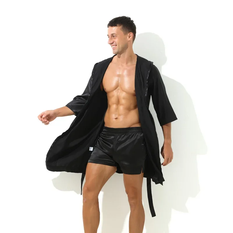 Uomo biancheria intima Sexy accappatoio con cappuccio seta sottile pigiama sciolto pigiameria di grandi dimensioni Loungewear camicie da notte tinta unita