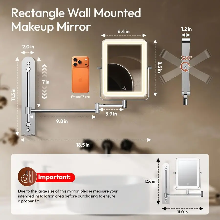 Adjustable Wall Mounted Lighted Makeup Mirror with Lights, 10X Magnifying Mirror for Bathroom, 7in Slide Rail and 360 Extended A