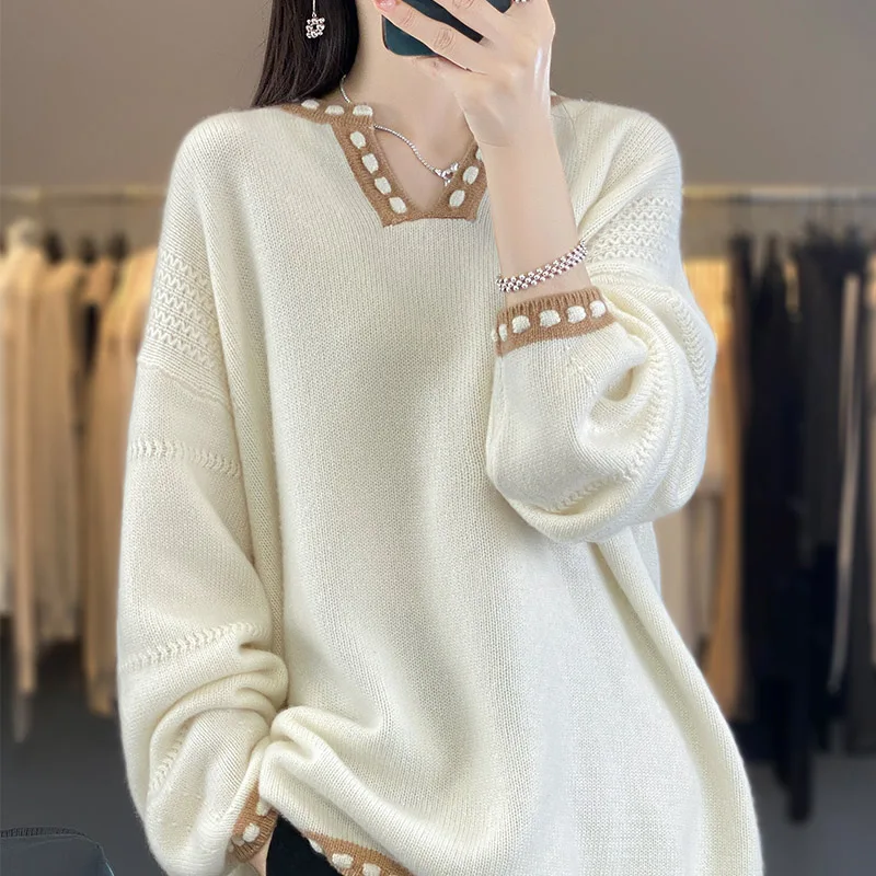 100% Wool, Women\'s Soft Cashmere Sweaters, Cashmere Knitting Pullovers, Long Sleeve, Loose Style, High Quality, HL01, 2023Winter