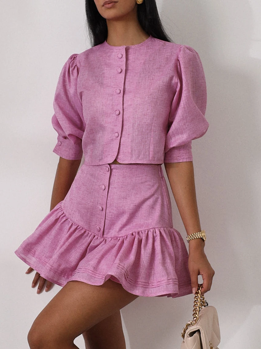 Marthaqiqi Summer Loose Pink Women Nightwear Set O-Neck Pajama Crop Top Sleepwear Half Sleeve Nightie Skirt Casual Home Clothes
