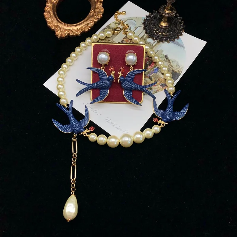 Pearls Earrings for Women Palace Style Blue Glaze Vintage Exquisite Jewelry Fashion Elegant Pendientes Mujer