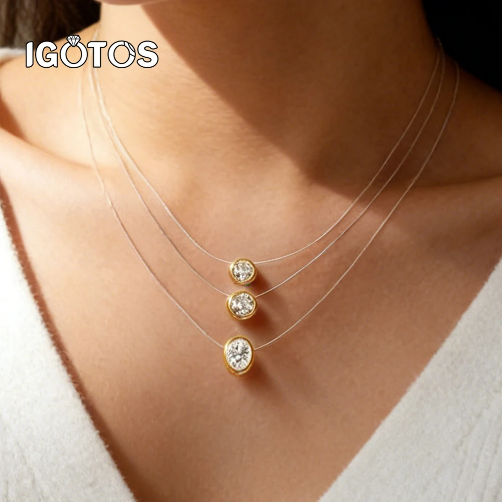 

0.5/1CT Bezel Set Moissanite Pendant Necklace Women Certified 925 Sterling Silver Transparent Fishing Line Choker Chain Jewelry