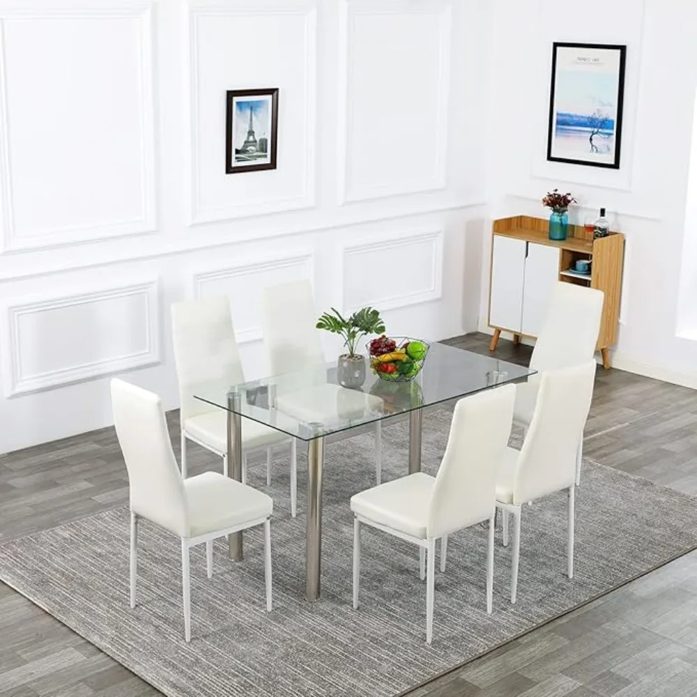 Juego de mesa de comedor de 7 piezas, mesa de comedor de vidrio moderna con 6 sillas de respaldo alto de piel sintética, juego de cena blanco para comedor