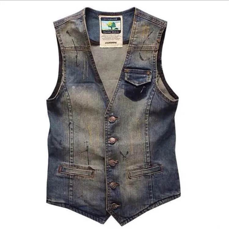 Spring Autumn New Fashion Men's Casual Trendy Korean Slim Vintage Retro Blue V-neck Sleeveless Jeans Jacket Denim Vest Coat Male