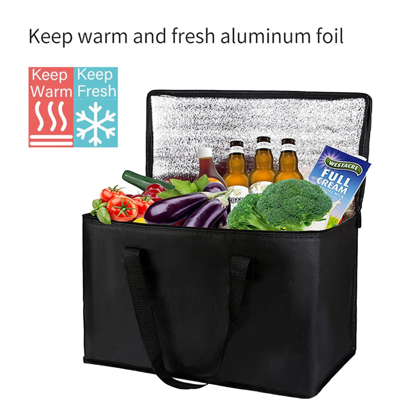 Large Lunch Bag Folding Insulated Thermal Tote Box Reusable Large Lunchbox For Women Men Adult Student Picnic Black