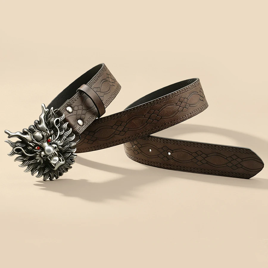 Chinese Dragon Head Buckle Belt Brown Embossed Unisex Vintage Waistband Retro Distressed Decorative Accessory - view 4