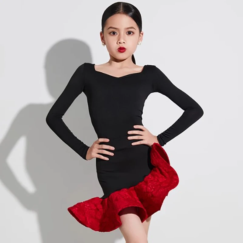 

Детское боди с длинными рукавами для латинских танцев для девочек и красная жаккардовая расклешенная юбка, танцевальная одежда для румбы, тренировочные костюмы для бальных соревнований