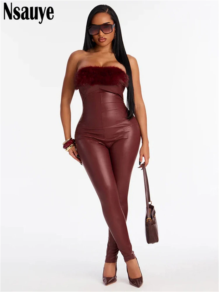 

Nsauye Faux Fur Strapless Leather Jumpsuits Women's Tracksuit Fashion One-Piece Sleeveless Black Sleeveless Overalls Sexy Club