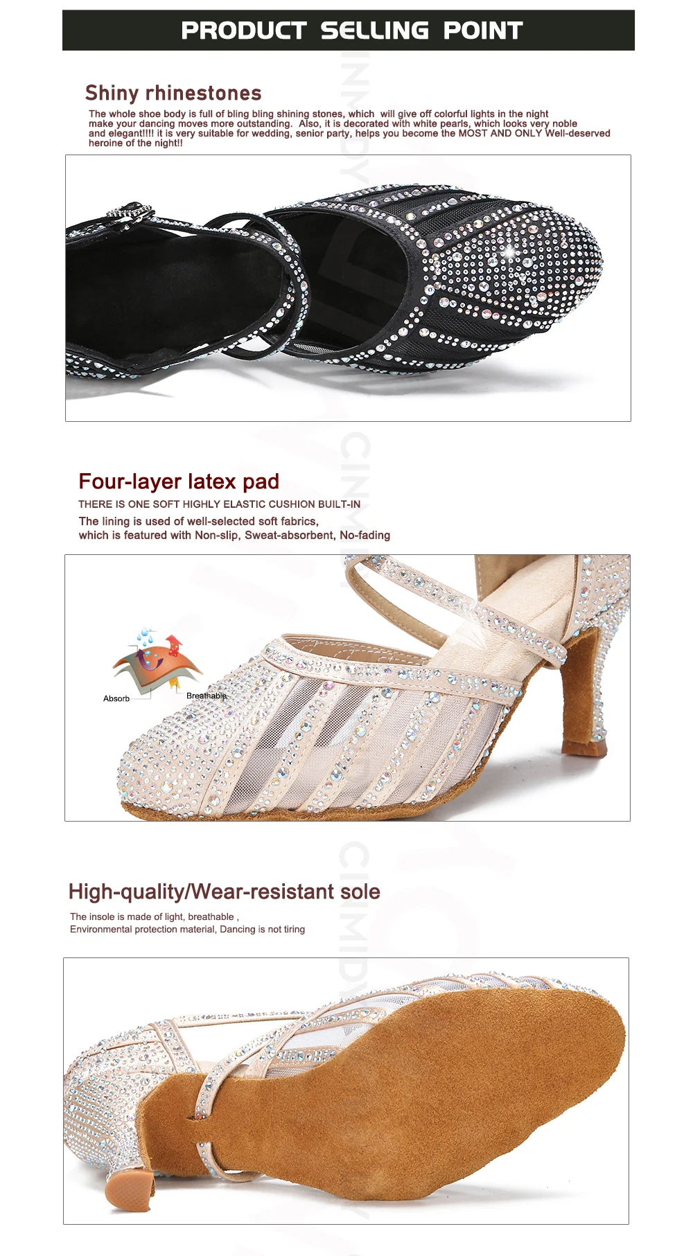 CINMIDY Damen Latein Tanzschuhe Strass Tango Modern Tanzschuhe Damen Sandalen Baotou Ballsaal Party Schuhe – Detail 6