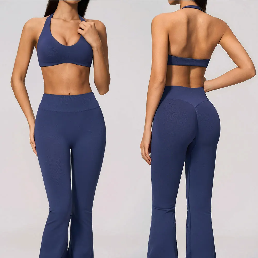DUOMI Fitness Set 2Pcs High Intensity Back-Cross Anti-Shock Sports Bra Gym Women High Waist Butt Lift Wide Leg Flared Pants