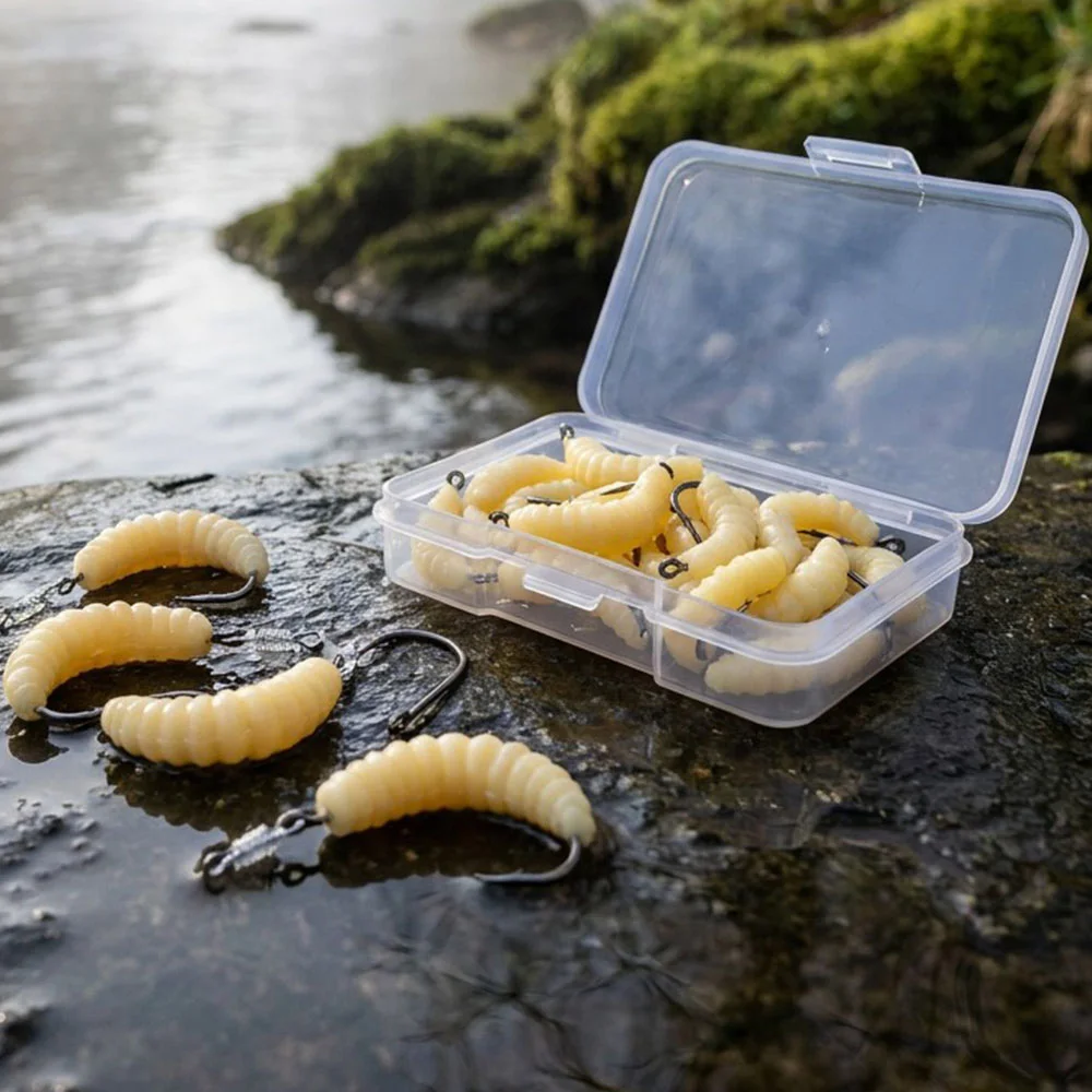 Transparent Boxed Artificial Mealworm Lure with Hook, Spiral Maggot Soft Bait, Freshwater Stream and Sea Fishing Lure for Bass, Pike, and Trout, Universal Lure Bait, Portable Storage Box Fishing Soft Bait Set