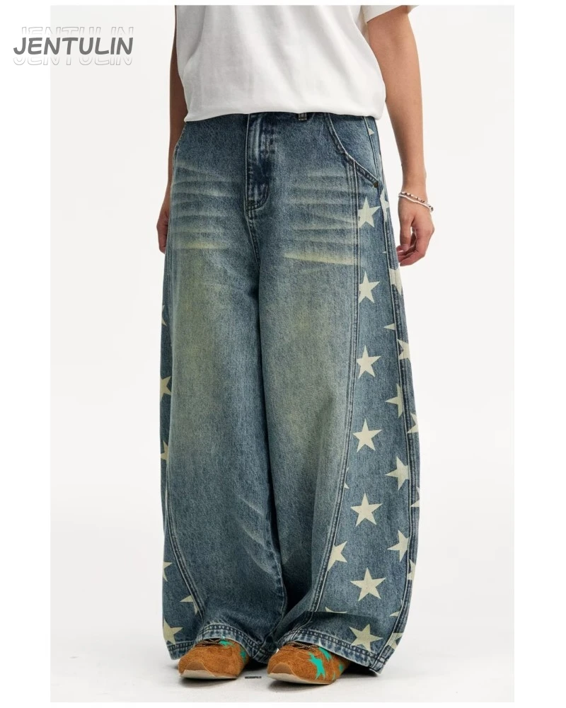 Vintage Women Washed Barrel Baggy Jeans Y2K Star Graphic Print Curved Wide Leg Baggy Denim Pants Streetwear Loose Trousers
