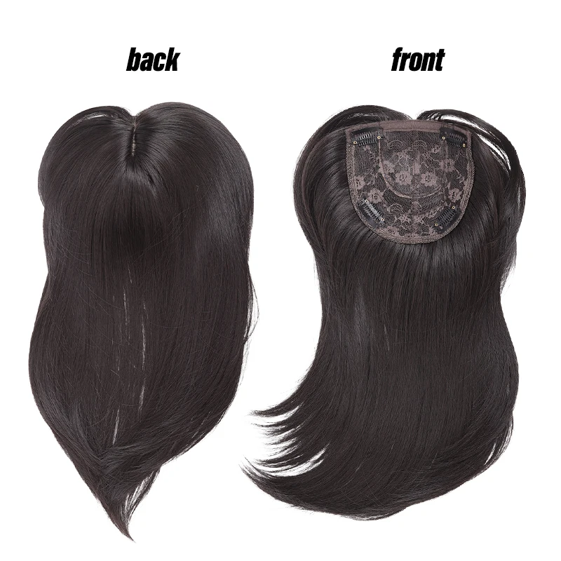 Toupee de medio lado con flequillo lateral, fibra sintética, cubre la coronilla y añade volumen 5