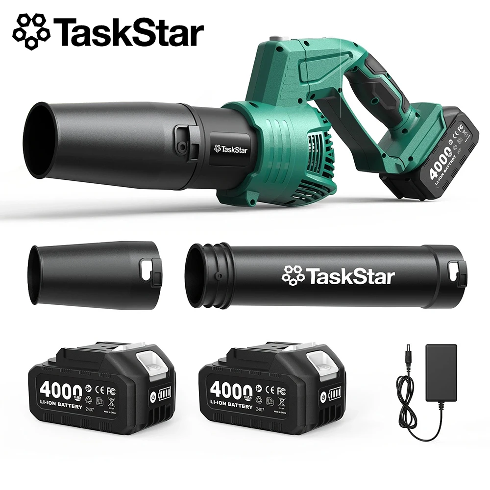 

TaskStar 5-Speed Electric Leaf Blower 550CFM 150MPH Rotary Airblower Brushed Motor Lawn Blower 21V 2*4000mAh Batteries Powered