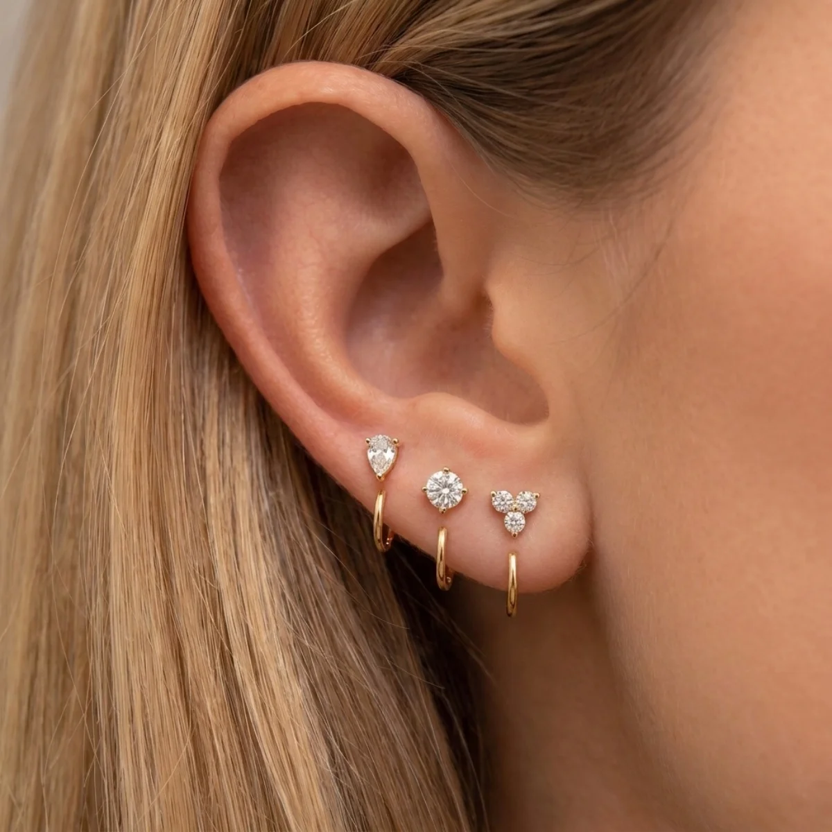 3 Stück/Set, glänzende Zirkonia-Blumen-Ohrringe in runder Tropfenform für Damen, minimalistische, kleine Tropfen-Ohrringe mit Schleifenmuster, stapelbare Ohrringe, Schmuck. – Detail 5