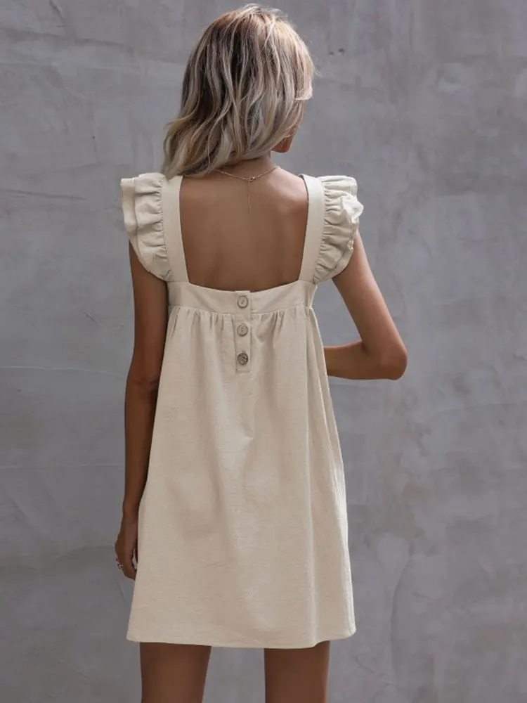 Msfilia Women Summer Square Collar Slip Dress Loose Ruffle Solid Color Cotton Linen Casual Chic Dresses image 2