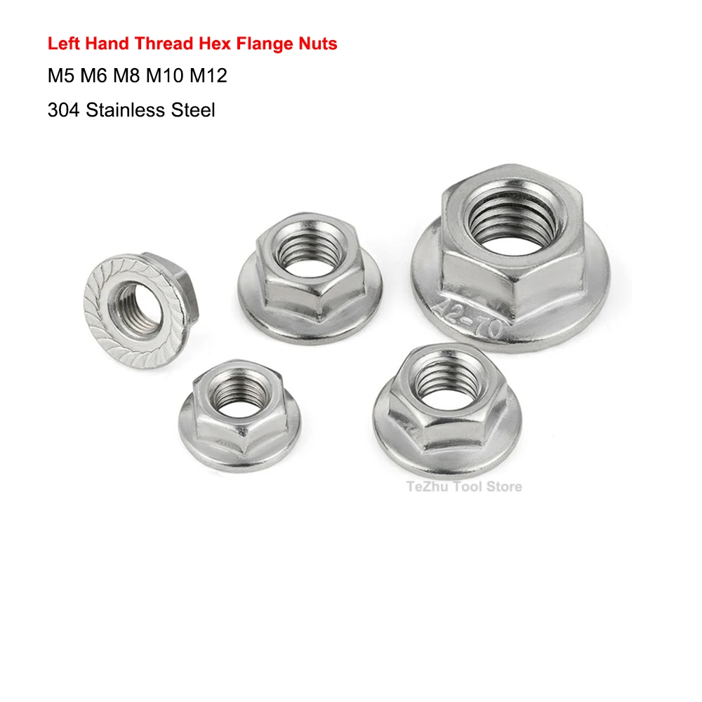 

304 Stainless Steel Left Hand Thread Hexagon Hex Flange Nuts M5 M6 M8 M10 M12 Self Locking Nut