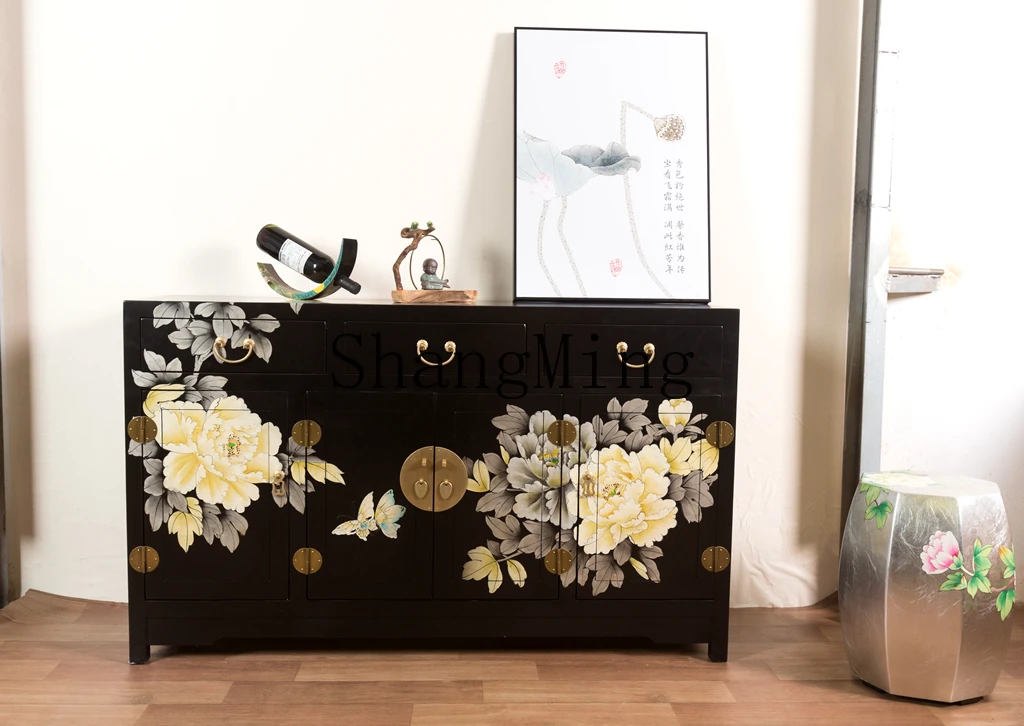 SM Chinese hand-painted dining side storage decorative cabinet foyer entrance three buckets four door cabinet