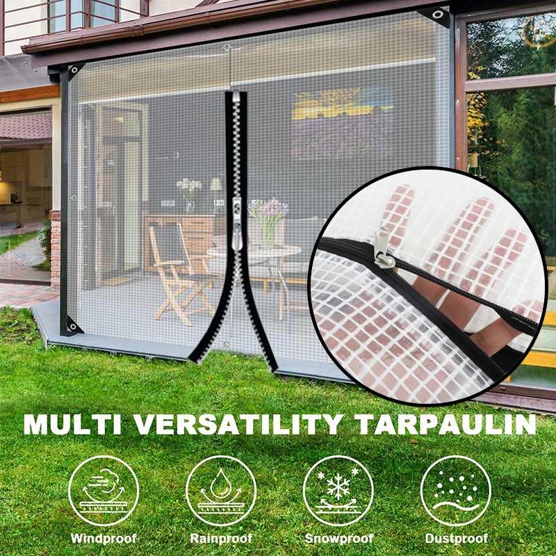 Customize PE Grid Tarpaulin with Zipper Clear Door Curtain Yard Pergola Zipper Tarp Outdoor Mesh Rainproof Cloth