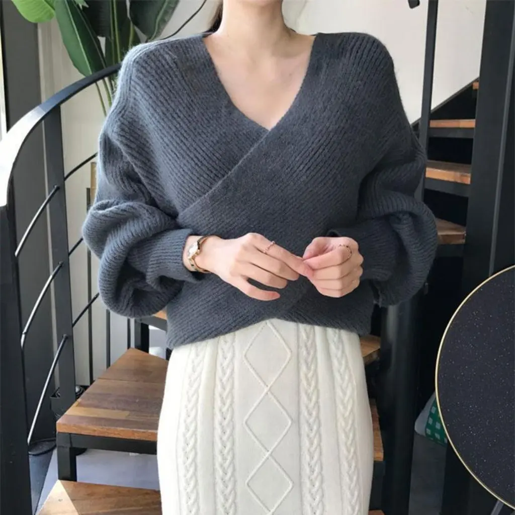 

Women's Korean Style Solid Color Cross V-neck Sweater Long Sleeve Loose Fit Simple Design for Autumn Winter