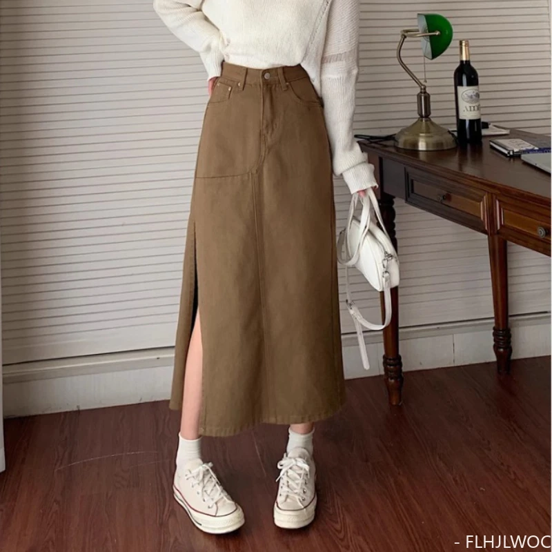 Long Maxi Denim Skirts New Design Spring 2024 Women Fashion European Safari Style Split Slit High Waist Retro Vintage Skirt