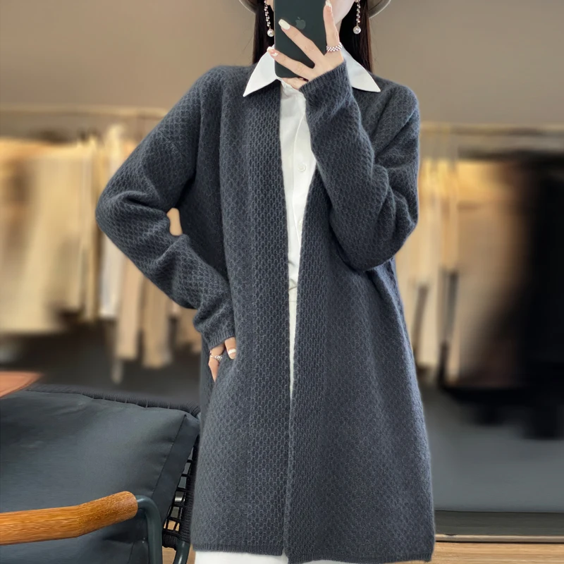 100% Merino wool autumn and winter new women's sweater V-neck long cardigan Korean version thick warm knit long sweater