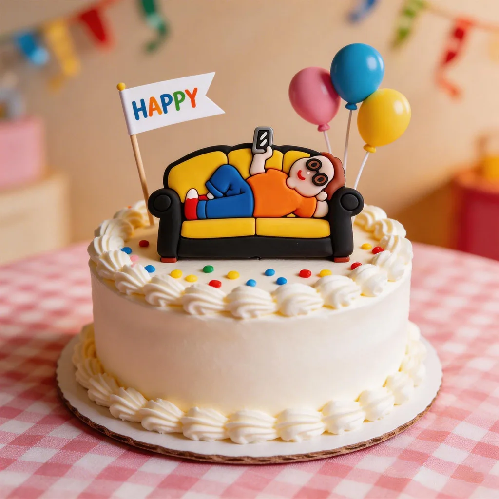 Kreative Cartoon-Sofa-Deko: Lässige Geburtstagstorten-Dekoration mit Brille und Sofa-Motiv für Vatertag und Party-Desserts – Detail 1