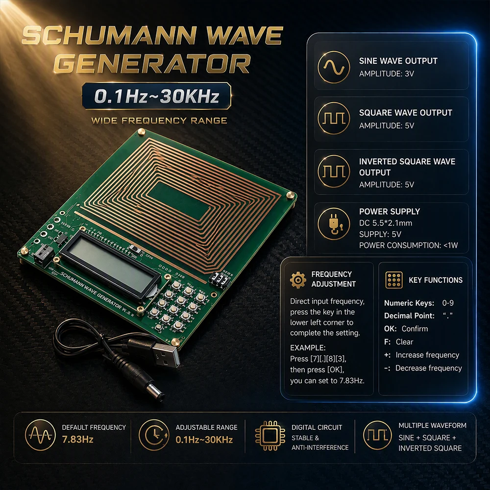 USB 5V Schumann Resonance Generator 0.01Hz-30kHz Adjustable Frequency Pure Sine Wave 7.83Hz Crystal Oscillator Sine+Square+Inverted Output