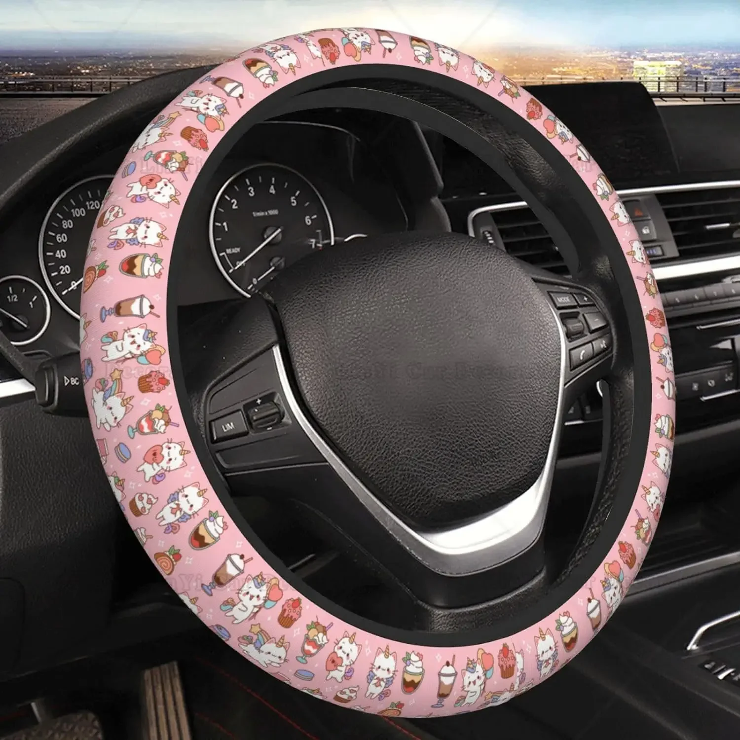 Cute Cats Desserts Fruit Milk Cupcakes Car Steering Wheel Cover 15 Inch Anti-Slip Car Decor for Men and Women Fit Most Cars