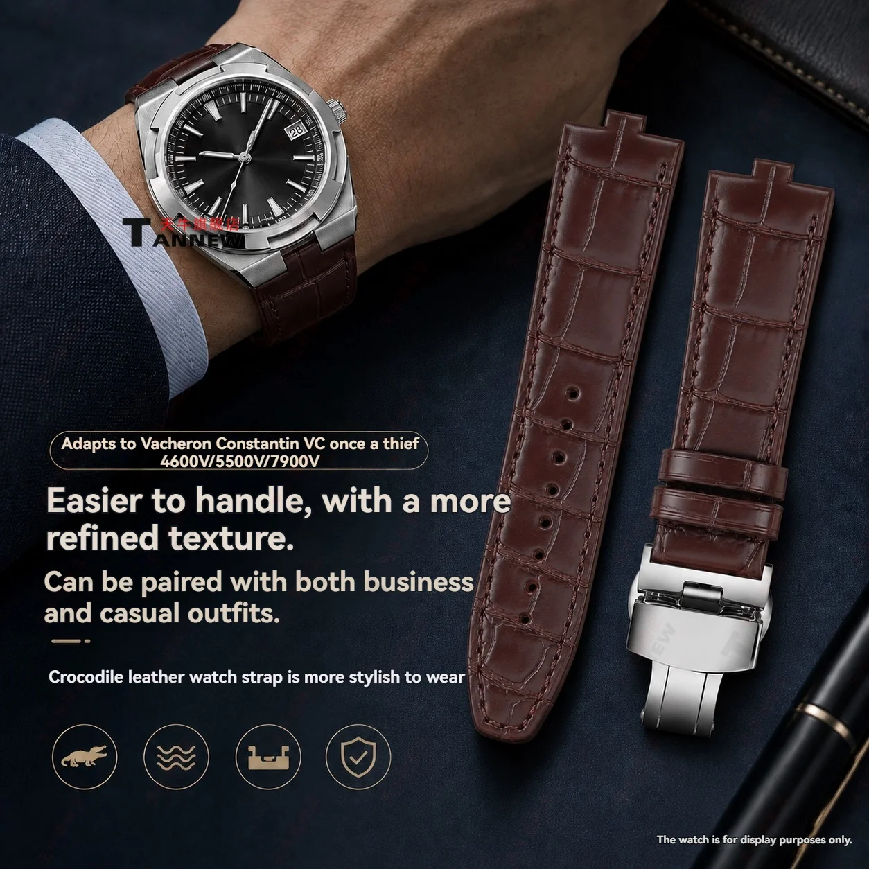 Quick Release Crocodile Strap for Vacheron Constantin Overseas VC 4600V 5500V 7900V, 7mm Convex End Band