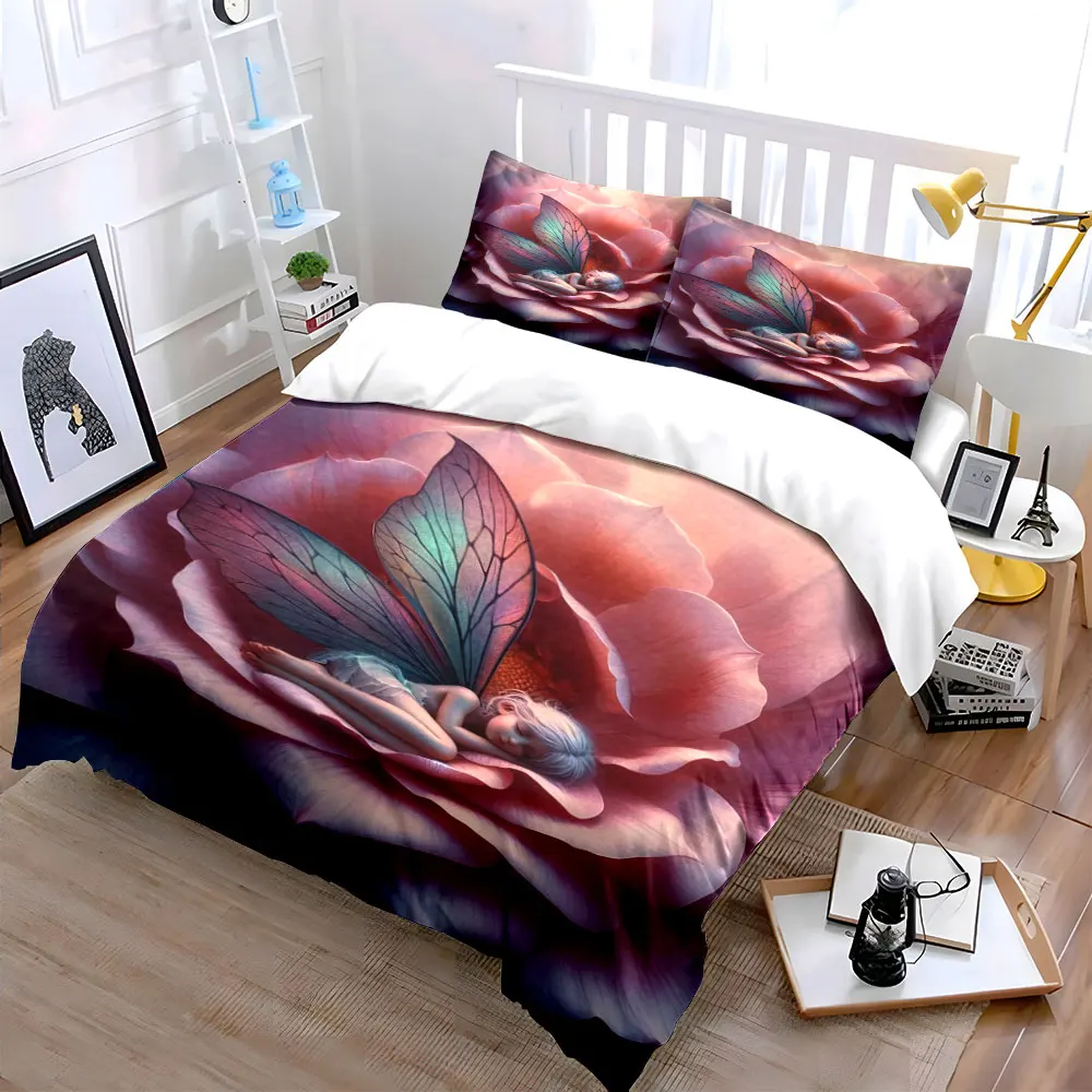 Dreamy fairy resting on pink petals Bedding Set for Kids Luxury Gift 3pcs Digital Print Comforter Set Soft Comfortable