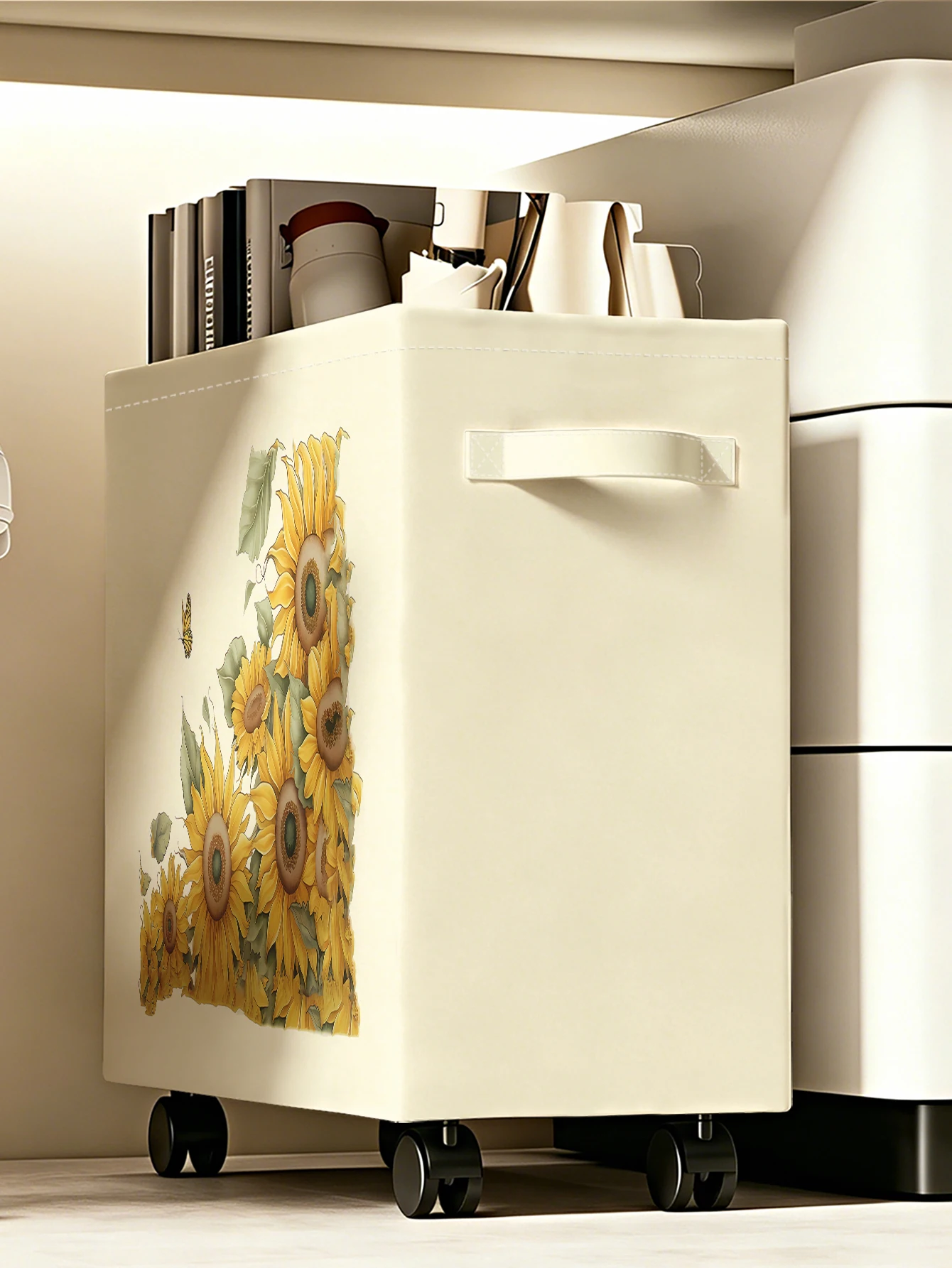 Sunflower Butterfly Print Rolling Storage Bin, Foldable Fabric Organizer Box with Wheels for Home Bedroom Closet Use