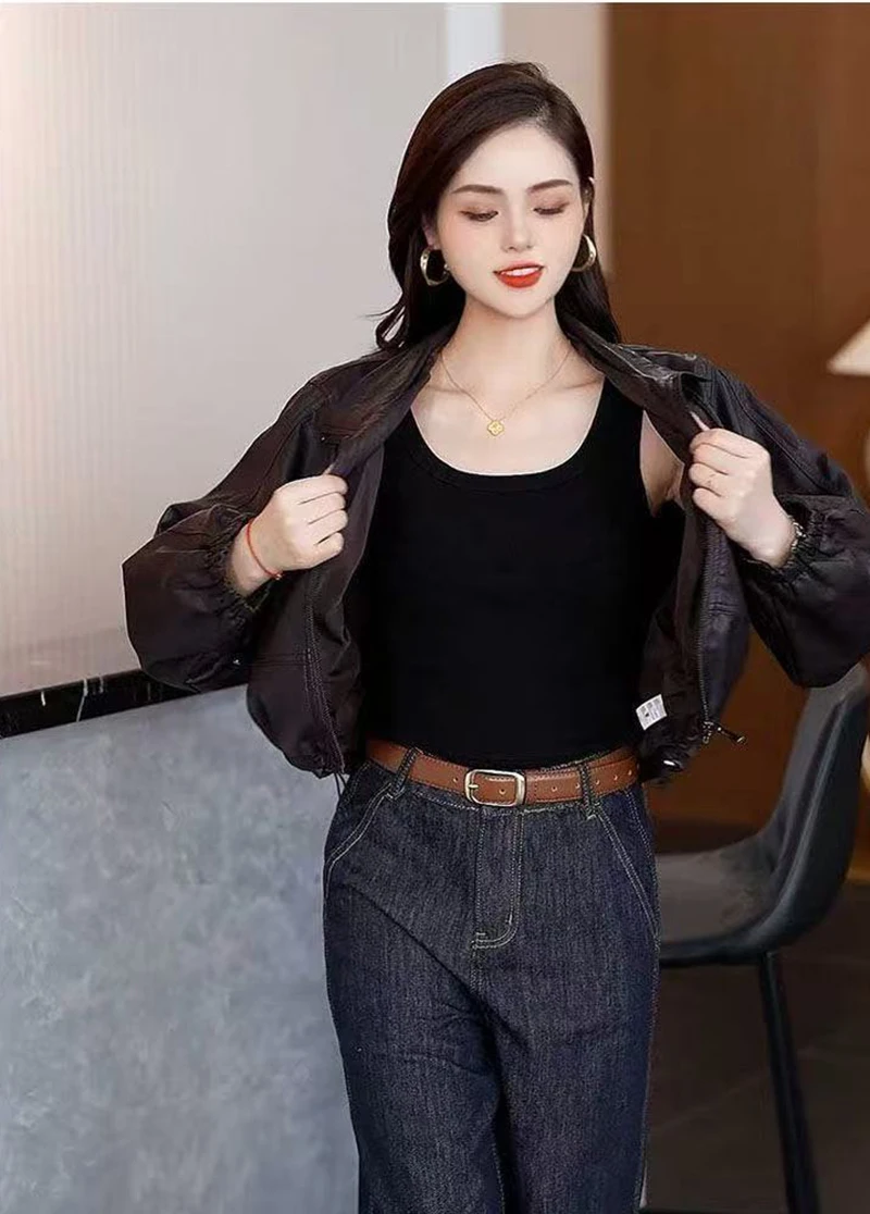 Chic Black Women Faux Leather Jacket Zip Up Lapel Collar Drawstring Hem Loose Oversized Pockets Streetwear Moto Outerwear Top