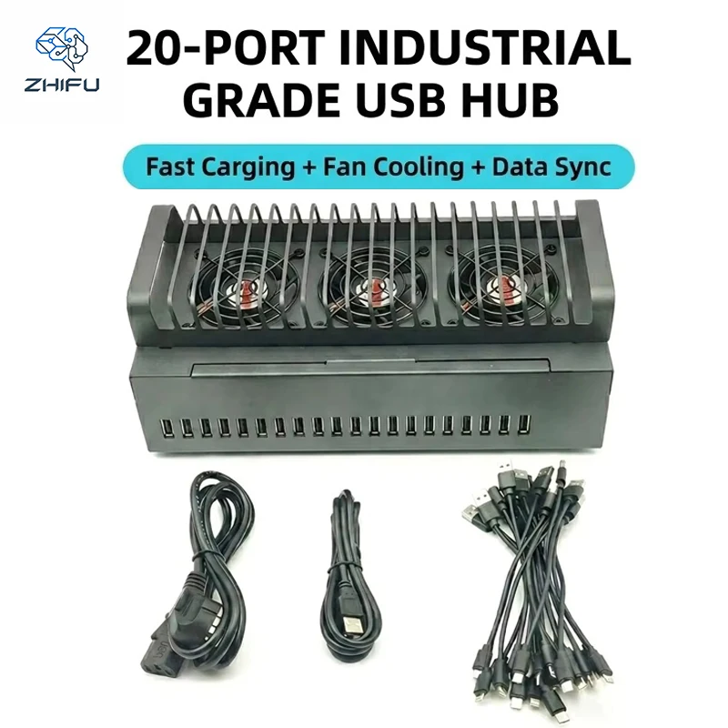 High Stability 20 Port Industrial USB Hub with Cooling Fan Fast Charging Data Sync for Batch Phone Control and Firmware Flashing