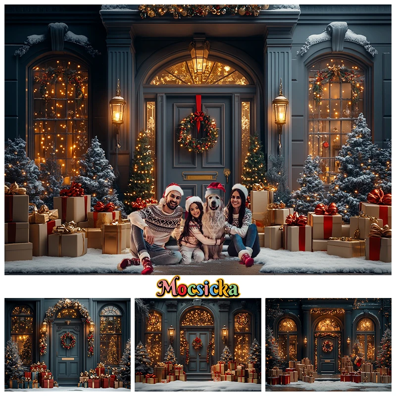 

Mocsicka Christmas Door Backdrop Shooting Lamp Gifts Tree Baby Kid Portrait Photo Background Photography Decoration Props Studio