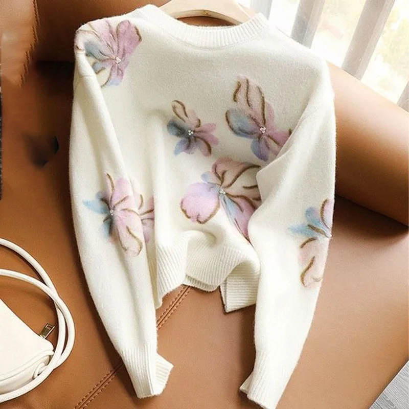 Elegant Fashion Printed Long Sleeve Sweaters Women\'s Clothing Autumn Winter Korean Loose Beading Spliced Short Knitted Tops