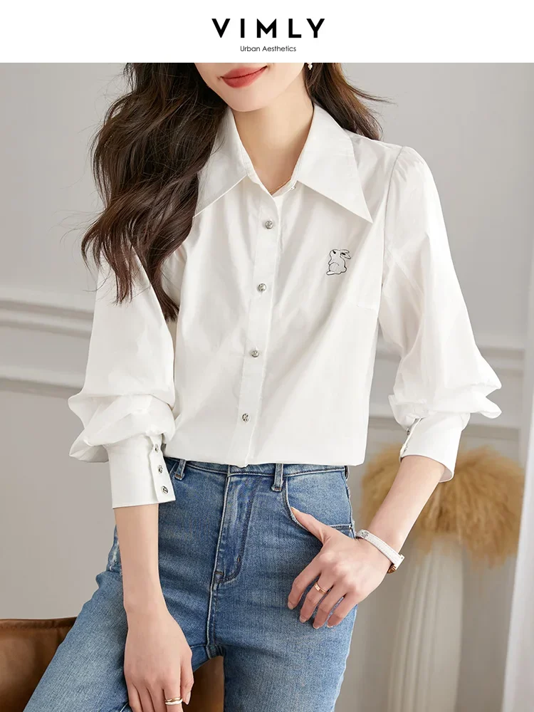 

Vimly White Shirt Blouse Women Spring Elegant Fashion Rabbit Embroidery Loose Long Lantern Sleeve Tops Office Lady Blouses M3357