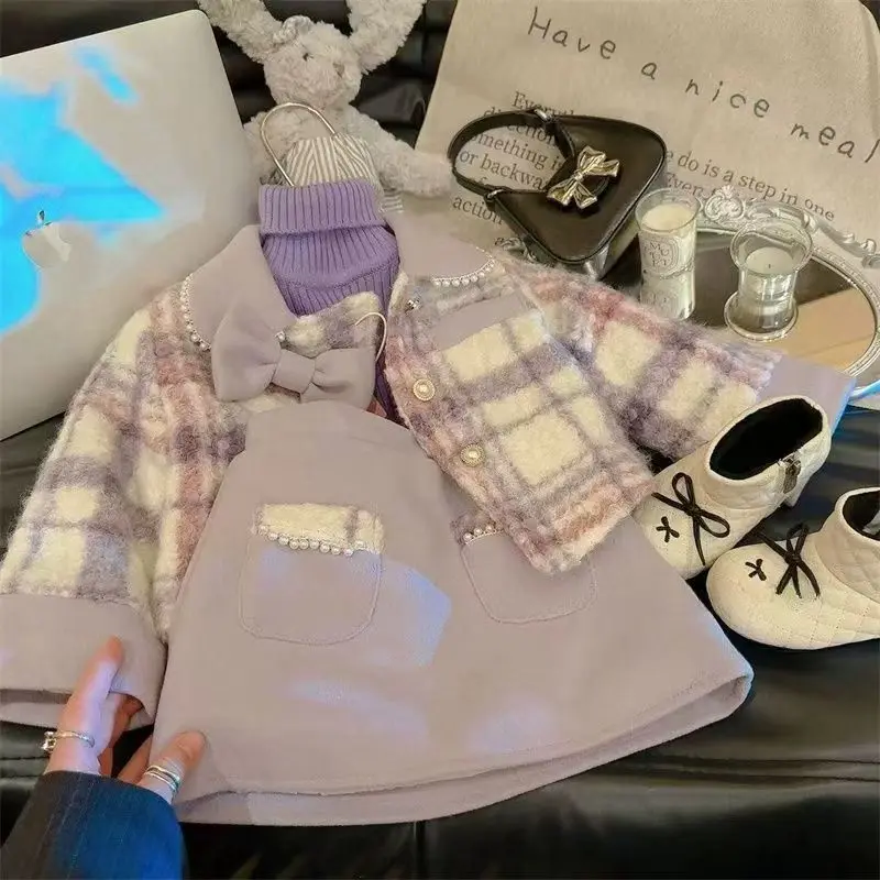 2026 Autumn Winter New Set Girls' Fresh Bow Small Fragrant Style Checkered Coat Half Skirt With Cotton Clip Two Piece Set