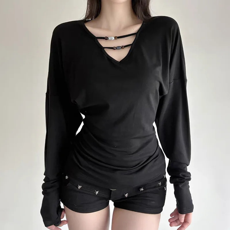 

Women's Black V-neck Beaded Long Sleeve Top Ruched Slim Fit Casual T-shirt