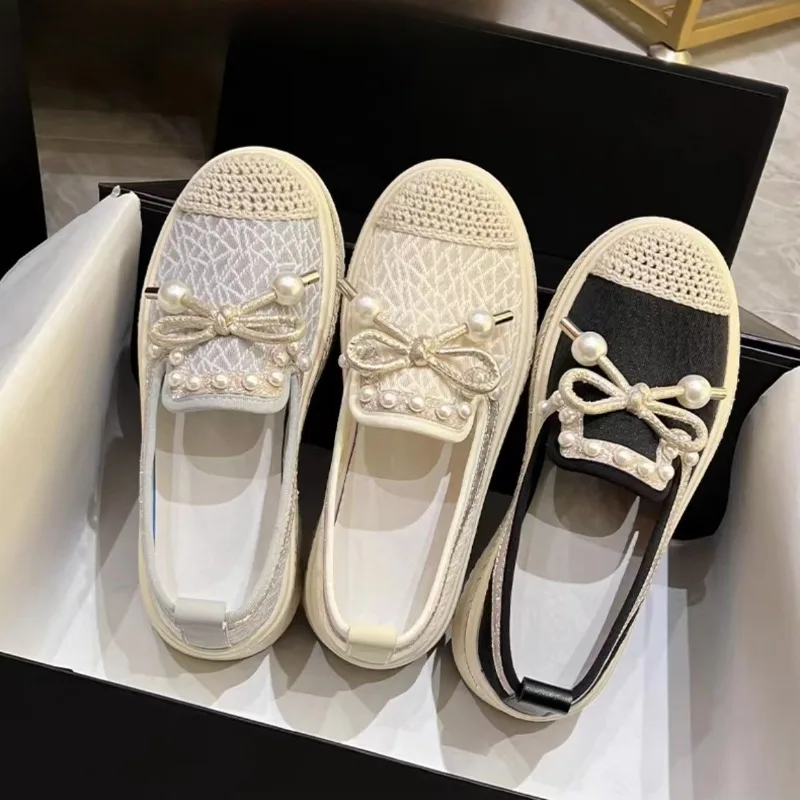 Foreign Trade Small Fragrant Wind Fisherman Shoes Female Summer 2023 New Mesh Surface Breathable Rhindiamonds Bow Pearl Leisure