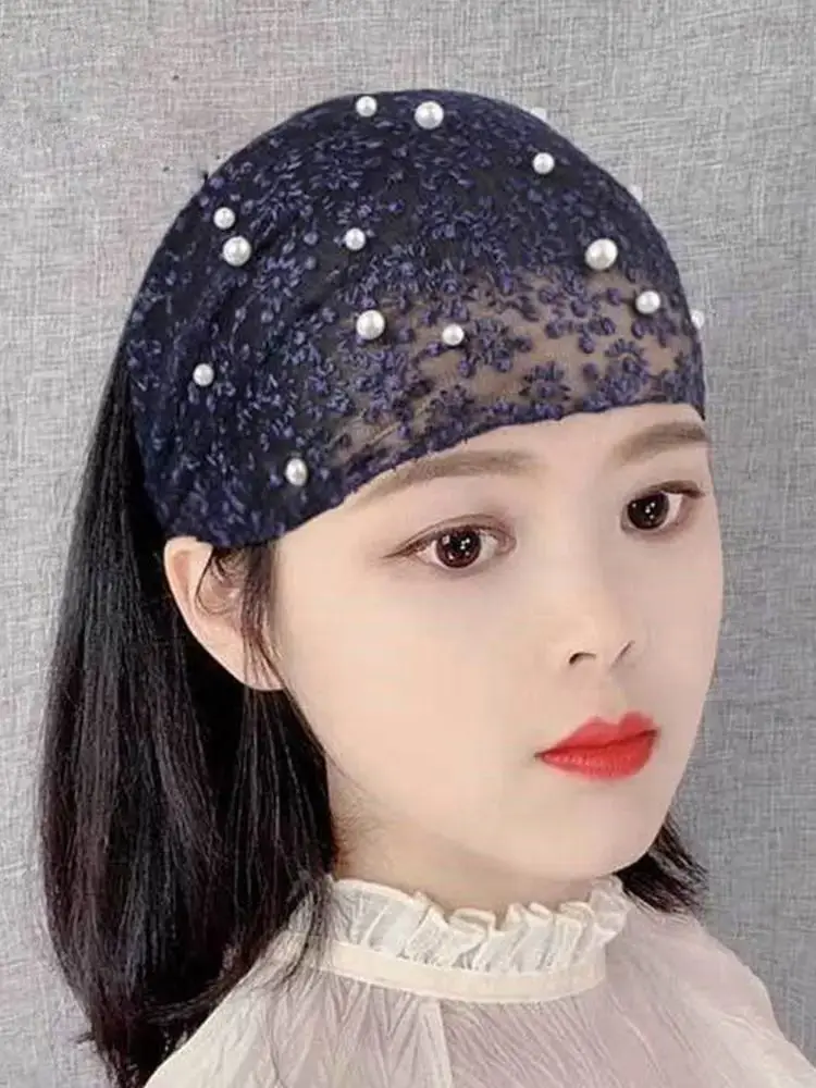 Damskie szerokie elastyczne opaski na głowę koronkowe perły kwiatowe bandany opaski do włosów koronkowy kwiat Headwrap Turban kobiece akcesoria do włosów — zdjęcie 2