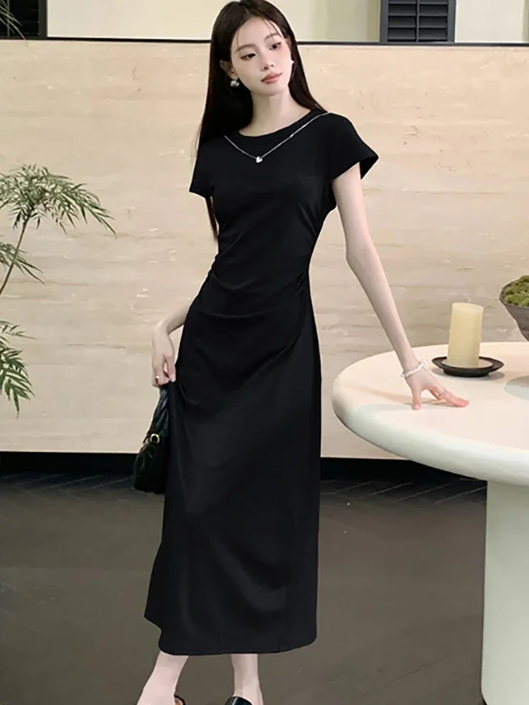 Robe mi-longue à manches courtes pour femmes, noire, plissée, Hepburn, vintage, robe de Rh, robe de soirée élégante, été, 2024