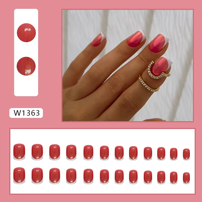 

24Pcs Short Oval Press on Nails - French Rainbow with Red & White Color Block Tips | Ins Fashion Style with Application Tool